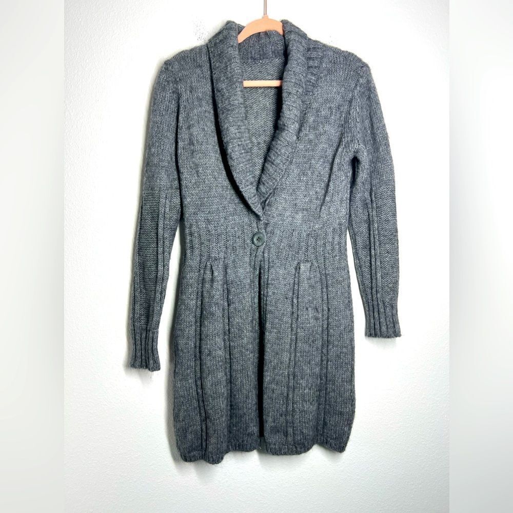 Long Cardigan Sweater Women Mohair Wool Blend Gray 1 Button Made In Italy Sz S